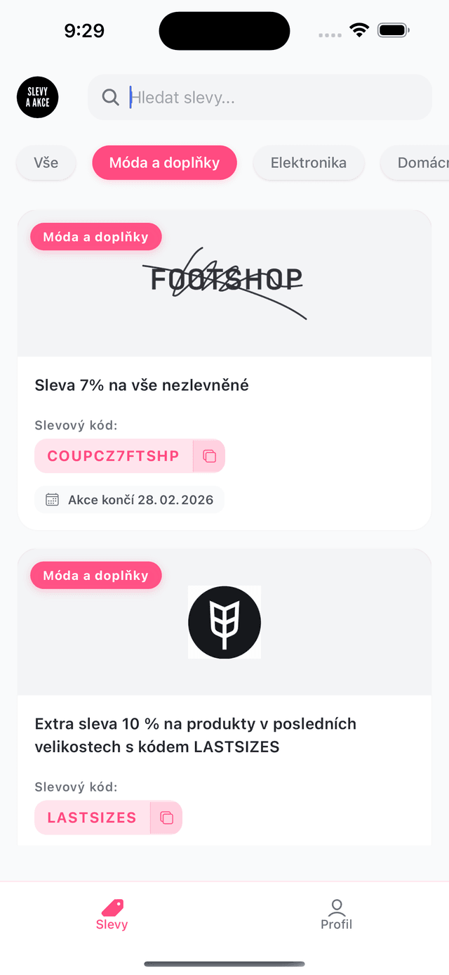 Filtrování nabídek v aplikaci Slevy a Akce