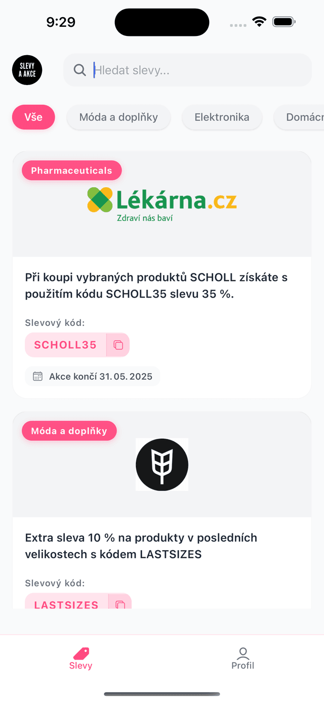 Slevy a Akce aplikace - Domovská obrazovka