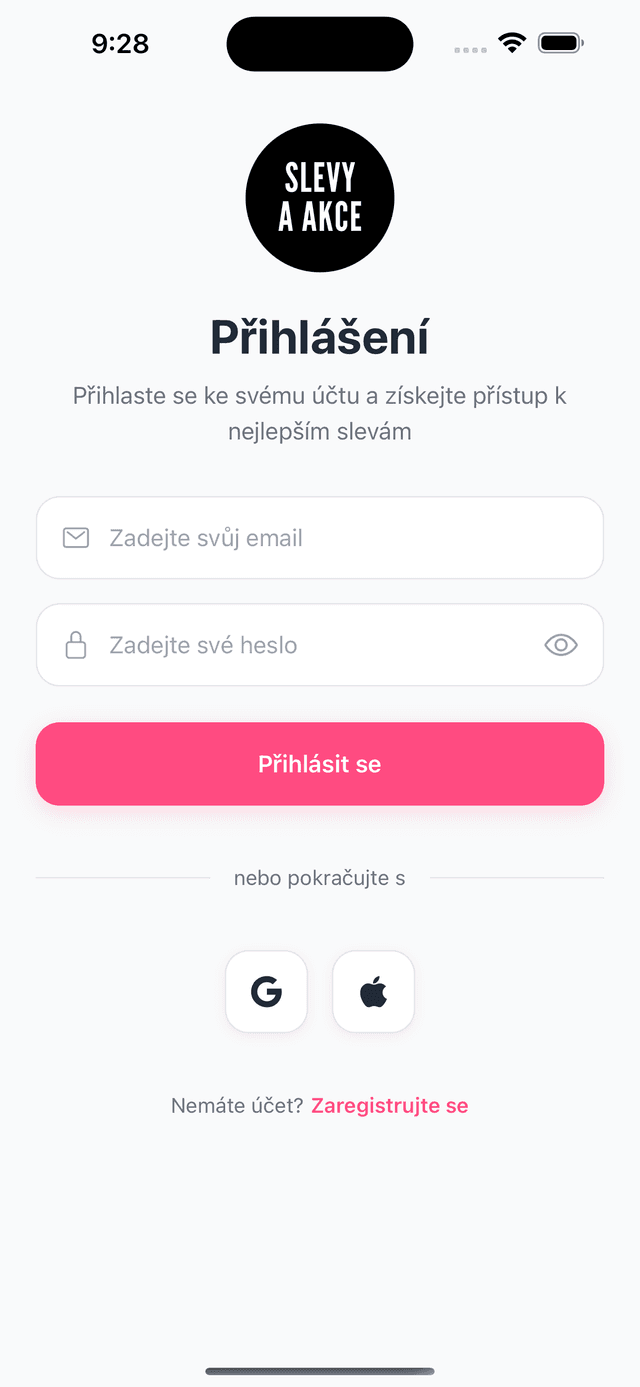 Přihlašovací obrazovka aplikace Slevy a Akce
