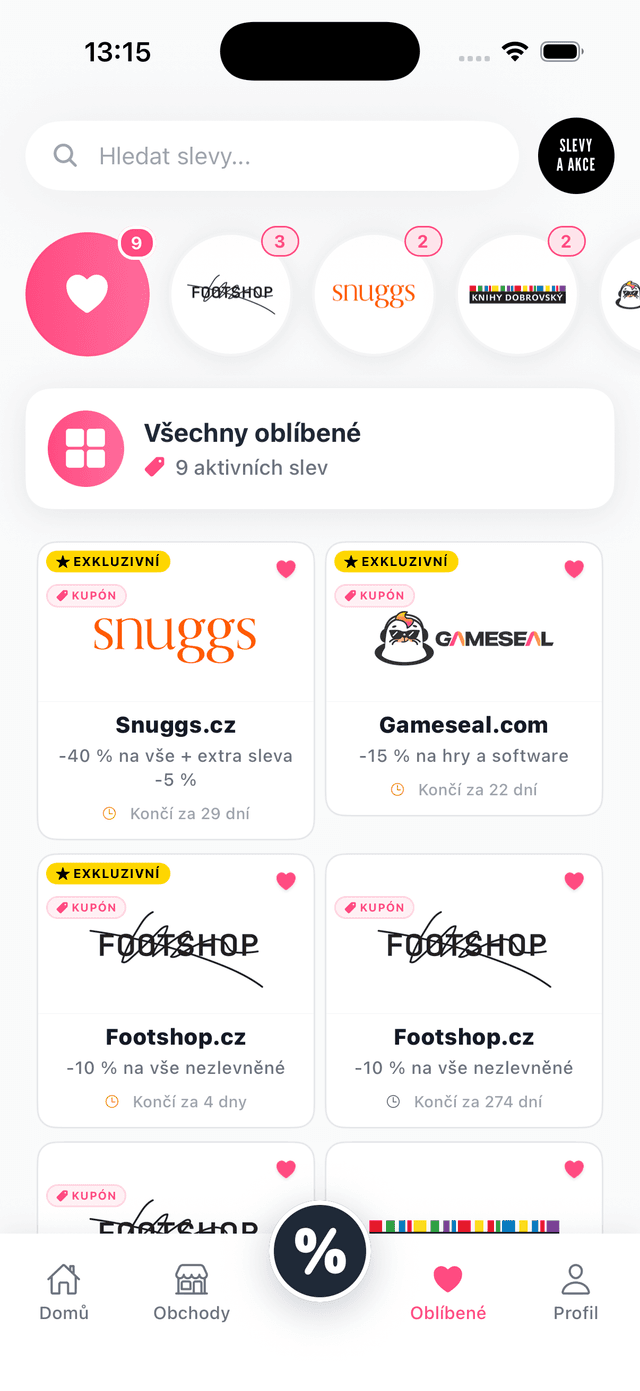 Oblíbené obchody v aplikaci Slevy a Akce