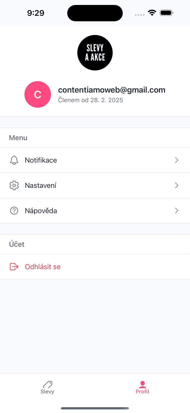 Osobní profil v aplikaci Slevy a Akce