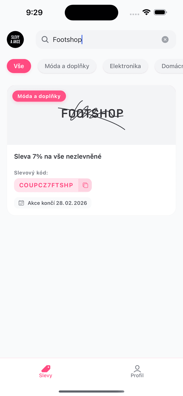 Vyhledávání slev v aplikaci Slevy a Akce